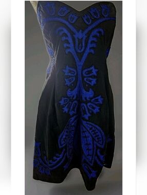 French Connection Strapless Black Dress with Royal Blue Embroidery